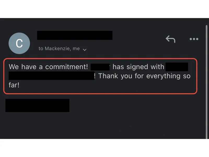 Testimonial screenshot: Successful college baseball commitment reached