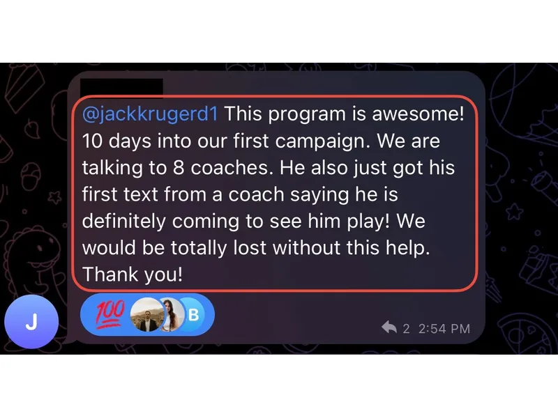 Testimonial screenshot: Eight coaches contacted in ten days
