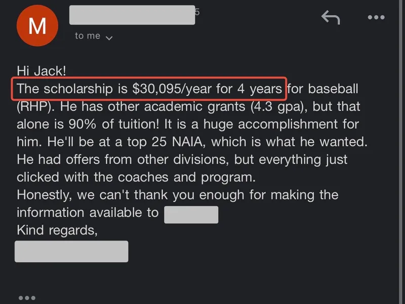 Testimonial screenshot: Scholarship of $30,095 per year for four years