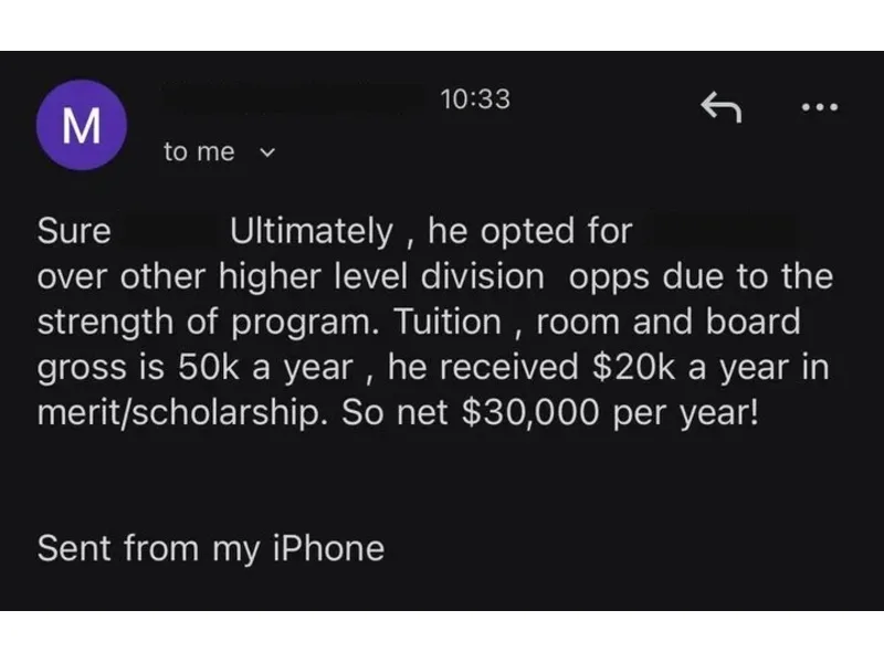 Testimonial screenshot: $20,000 annual merit scholarship for D3 university