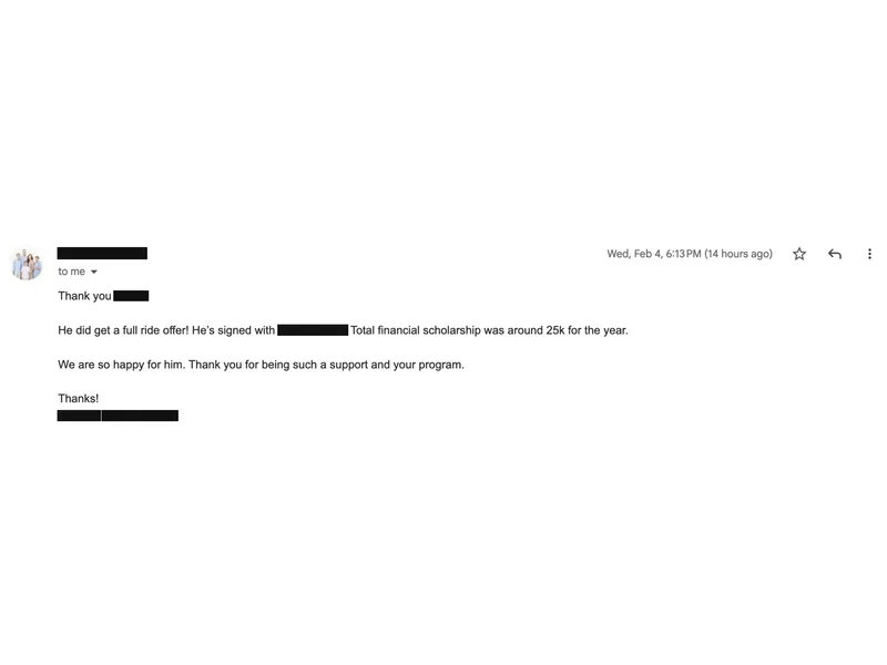 Testimonial screenshot: Full ride offer received
