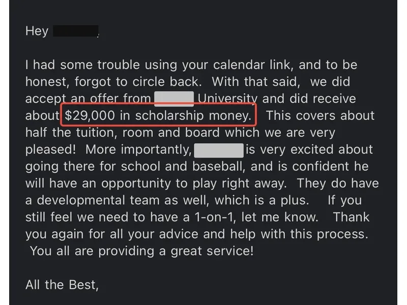 Testimonial screenshot: Scholarship covering half of tuition and room and board