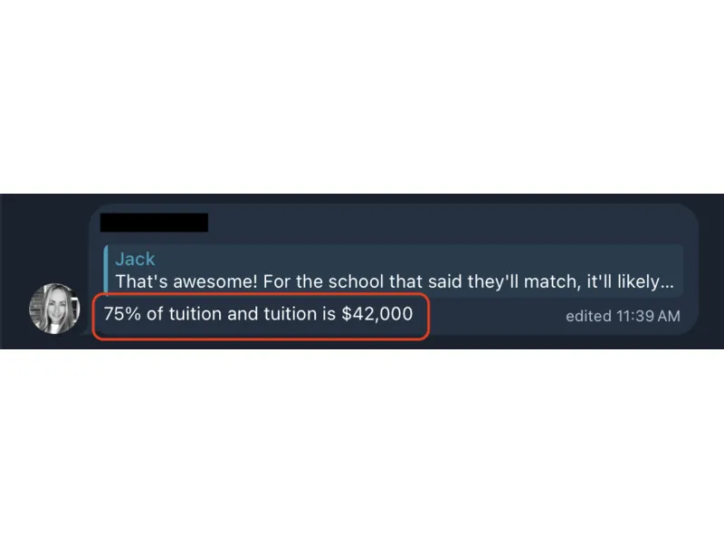 Testimonial screenshot: Secured a 75% tuition scholarship match