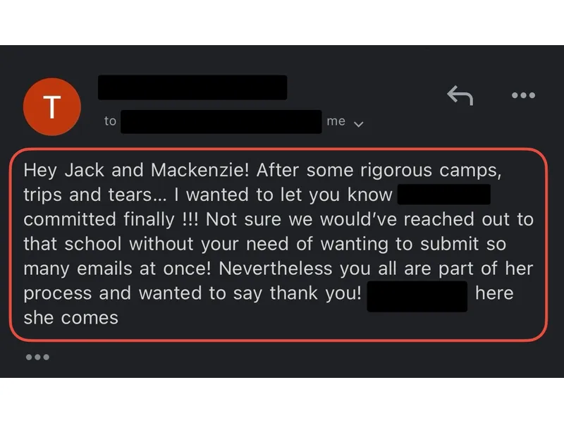 Testimonial screenshot: Successfully reached school via high-volume email strategy