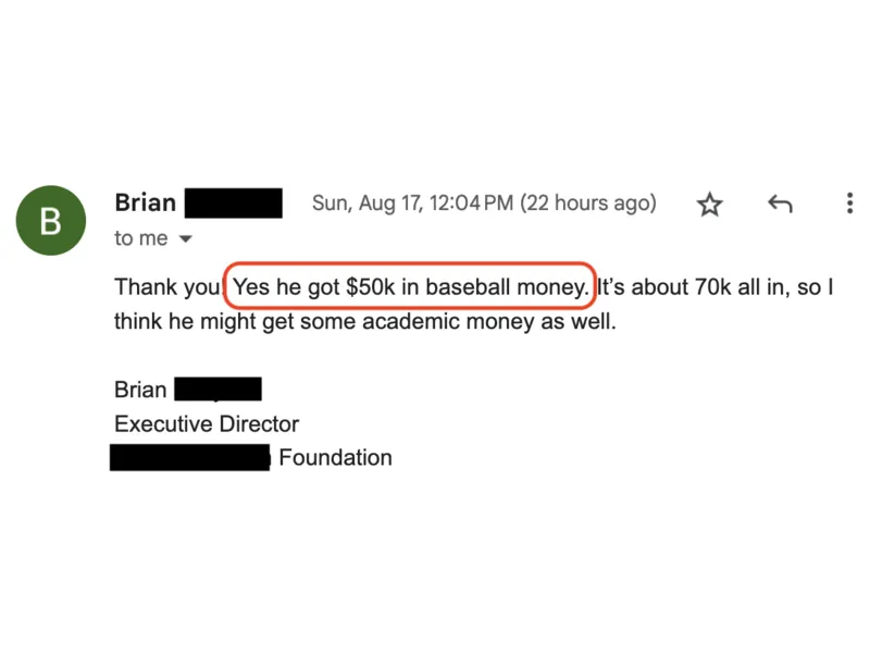 Testimonial screenshot: $50,000 in baseball scholarship money secured
