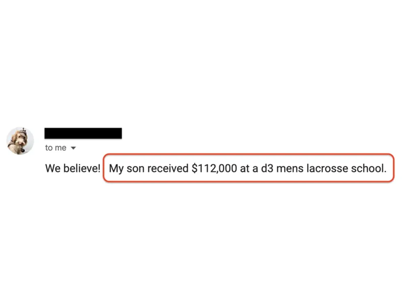 Testimonial screenshot: $112,000 scholarship for D3 men's lacrosse