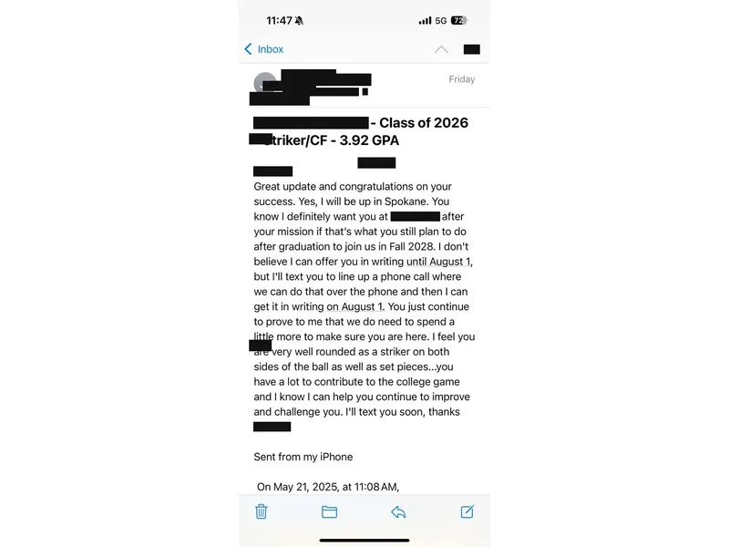 Testimonial screenshot: University intent to offer recruit
