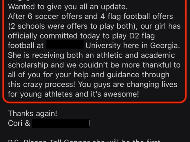 Testimonial screenshot: Committed to D2 flag football with scholarship