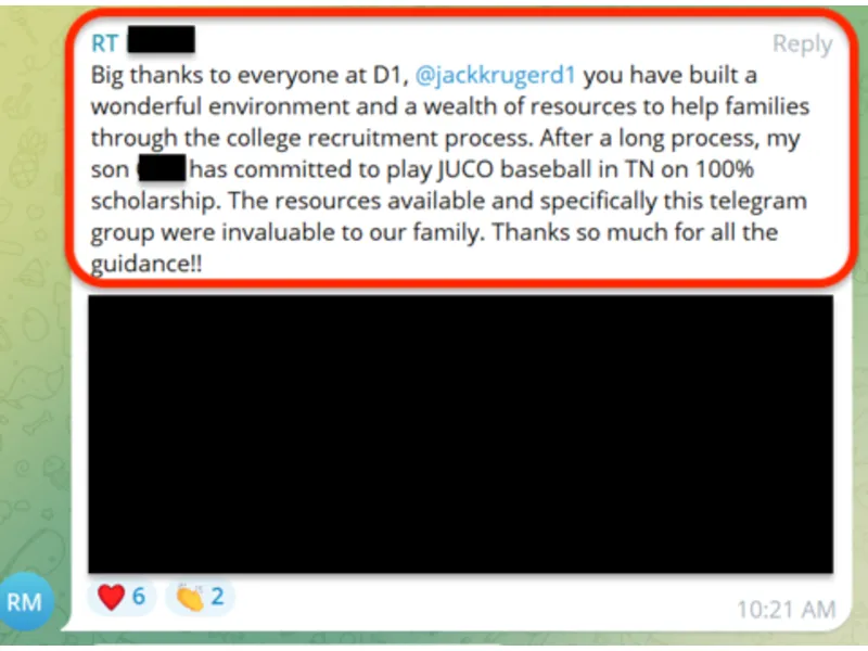 Testimonial screenshot: Committed to JUCO baseball on 100% scholarship