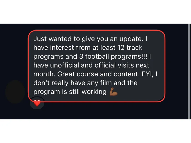 Testimonial screenshot: Interest from 12 track and 3 football programs