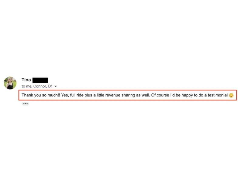 Testimonial screenshot: Full ride scholarship plus revenue sharing