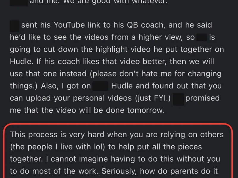 Testimonial screenshot: Help navigating complex college athletic recruiting process