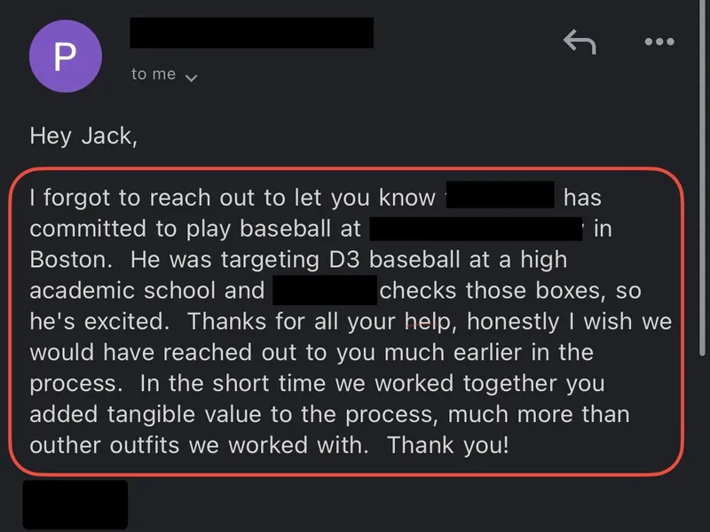 Testimonial screenshot: Commitment to D3 high academic school