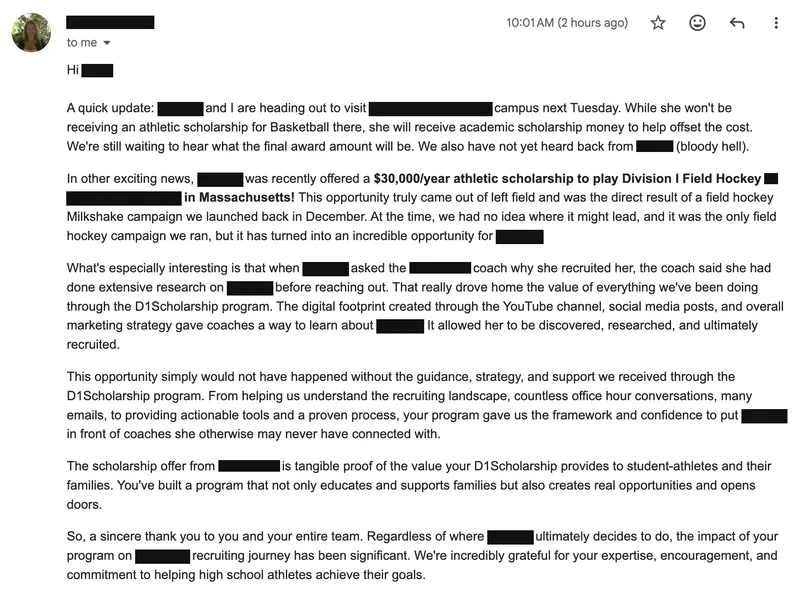Testimonial screenshot: $30,000 yearly Division I field hockey scholarship offer