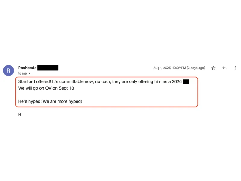 Testimonial screenshot: Stanford offered full committable scholarship