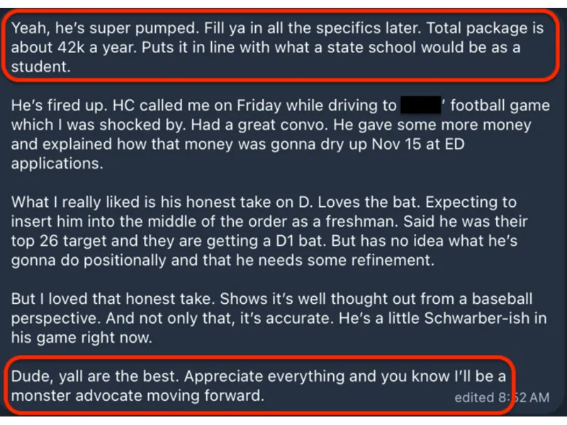 Testimonial screenshot: College package worth $42k per year