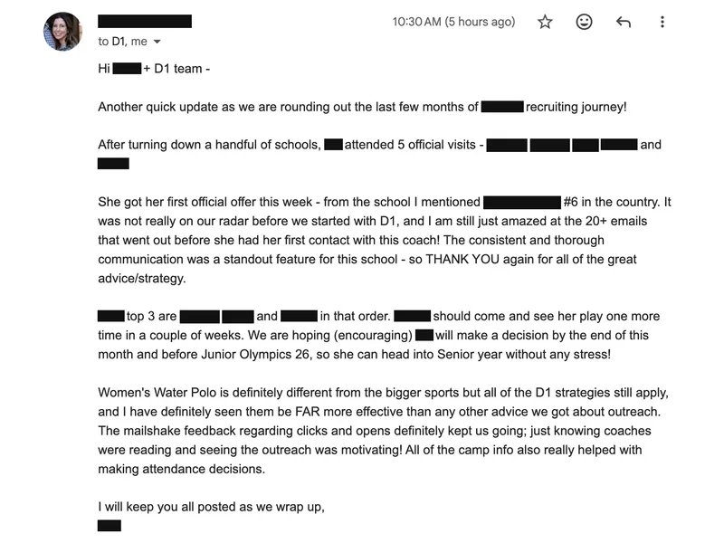 Testimonial screenshot: Water polo player receives first official offer