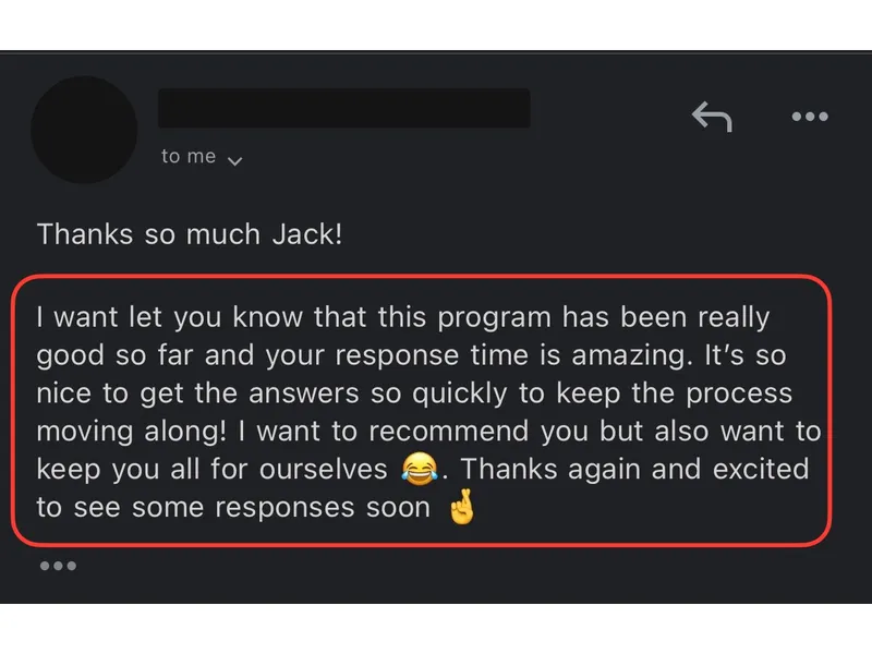 Testimonial screenshot: Positive feedback on program and response times