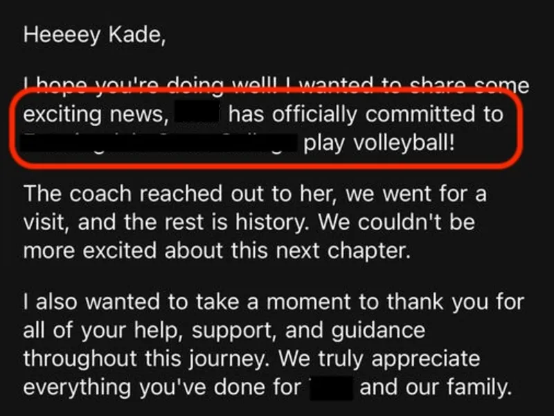 Testimonial screenshot: Official commitment to college athletic program