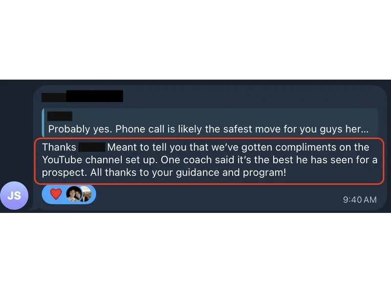 Testimonial screenshot: Coach praised YouTube channel as best seen