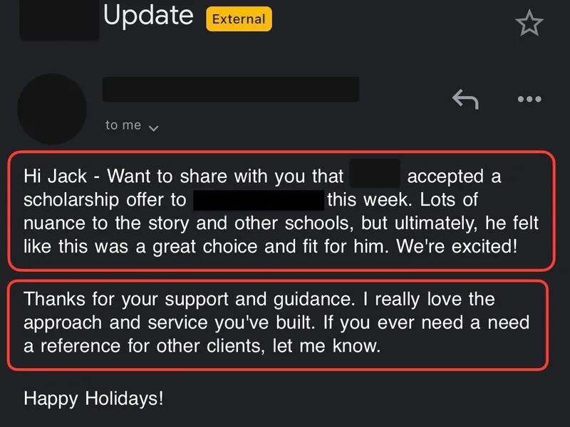 Testimonial screenshot: Accepted scholarship offer to university