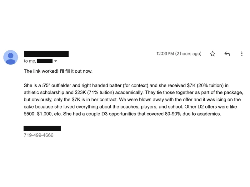 Testimonial screenshot: Combined $30k academic and athletic scholarship offer