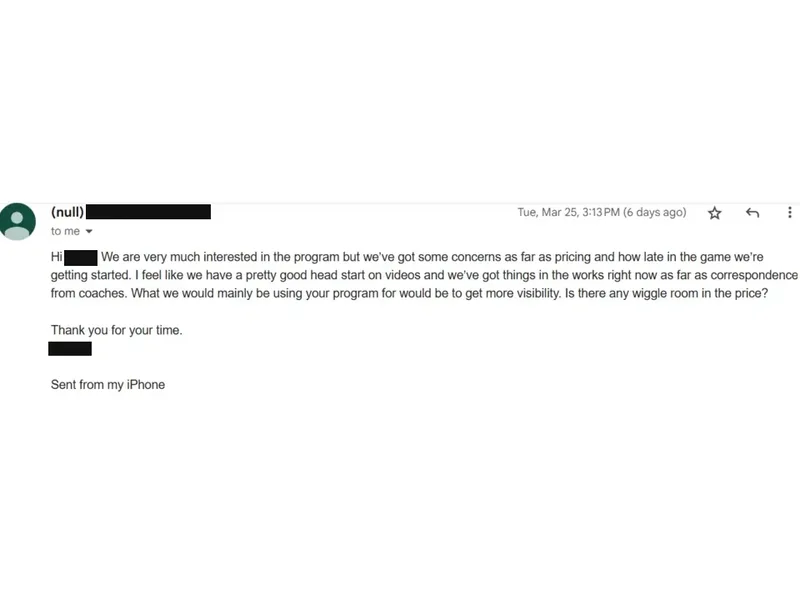 Testimonial screenshot: Inquiry regarding program pricing and visibility
