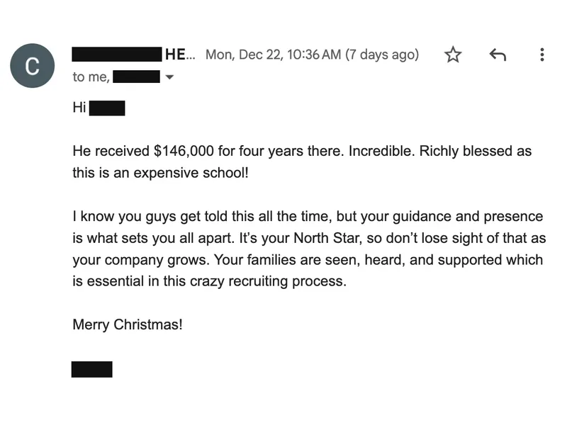 Testimonial screenshot: $146,000 scholarship award for four years