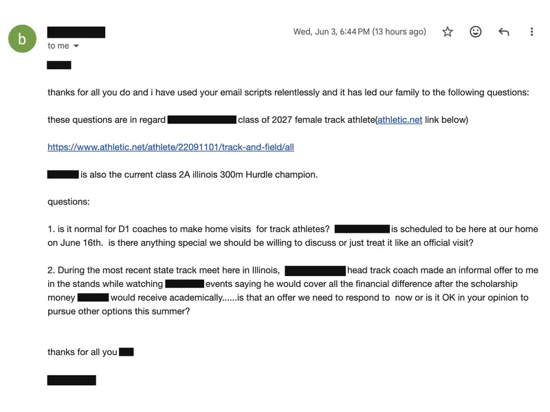 Testimonial screenshot: Family pursuing track opportunities and coach offers