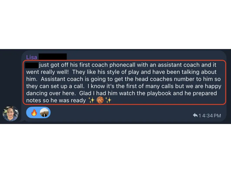 Testimonial screenshot: First successful assistant coach phone call