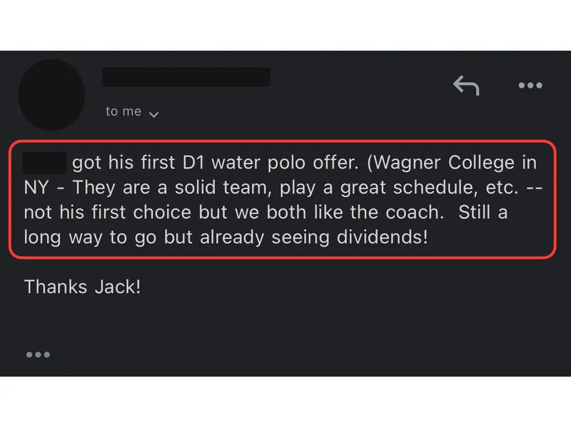 Testimonial screenshot: First D1 water polo offer received