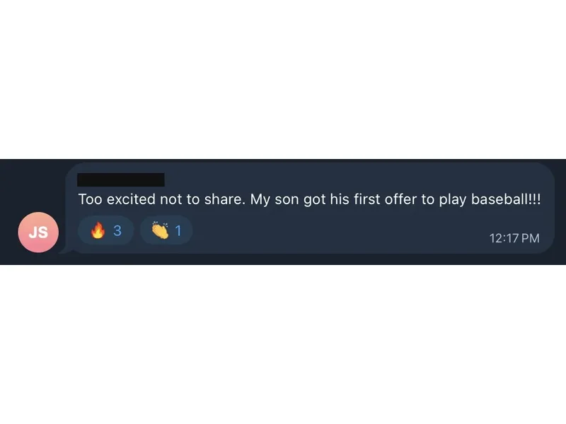 Testimonial screenshot: Baseball player receives first recruiting offer