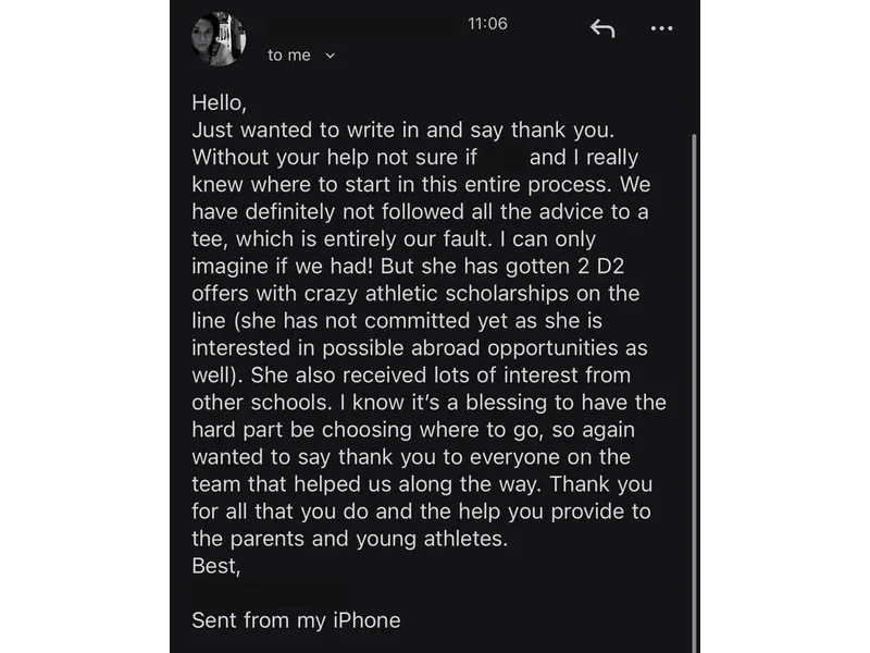 Testimonial screenshot: Received two D2 offers with athletic scholarship opportunities